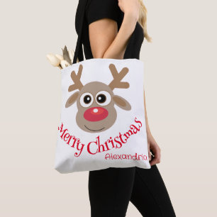 Cute Christmas Fun Cartoon Reindeer White Tote Bag
