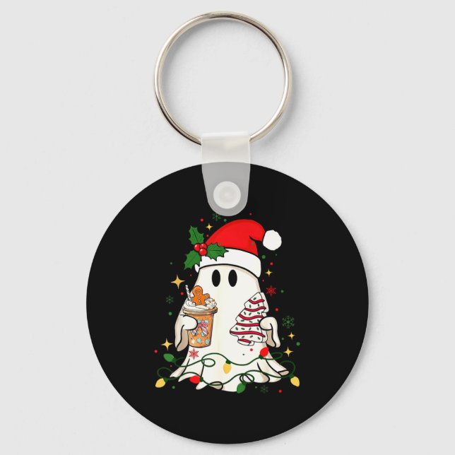 Cute Christmas Ghost Coffee Tree Cake Xmas Lights  Keychain (Front)