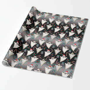Cute Christmas Ghosts and Candy Canes Black Wrappi Wrapping Paper