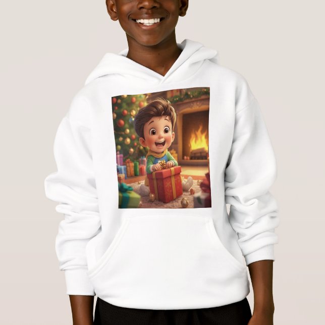 Cute Christmas Gift Opening Cartoon Kid Hoodie – H (Front)