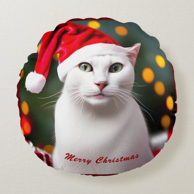 Cute Christmas Gift White Cat wearing Santa Hat Round Pillow (Front)