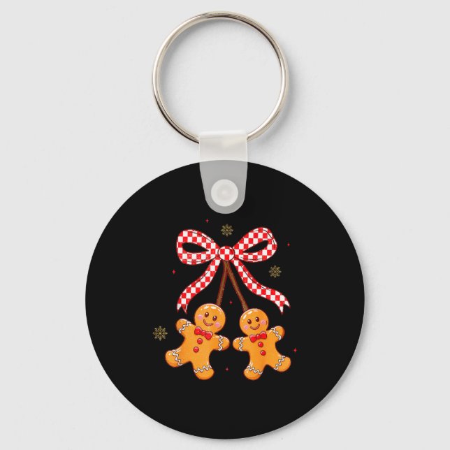 Cute Christmas Gingerbread Cherries Coquette Bow X Keychain (Front)