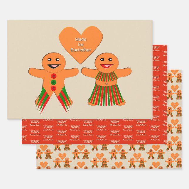 Cute Christmas Gingerbread Couple Custom Wrapping Paper Sheet (Set)