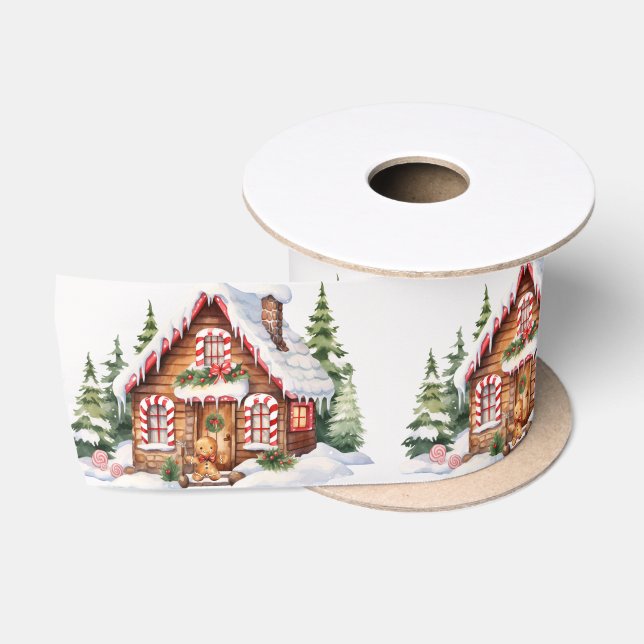 Cute Christmas Gingerbread House Satin Ribbon (Spool)