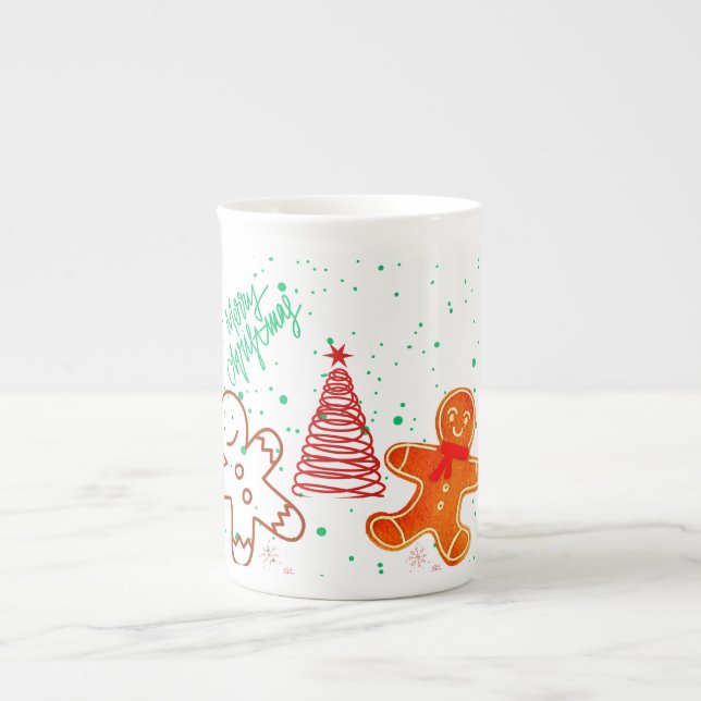 Cute Christmas Gingerbread Man and Tree Pattern.  Bone China Mug (Front)