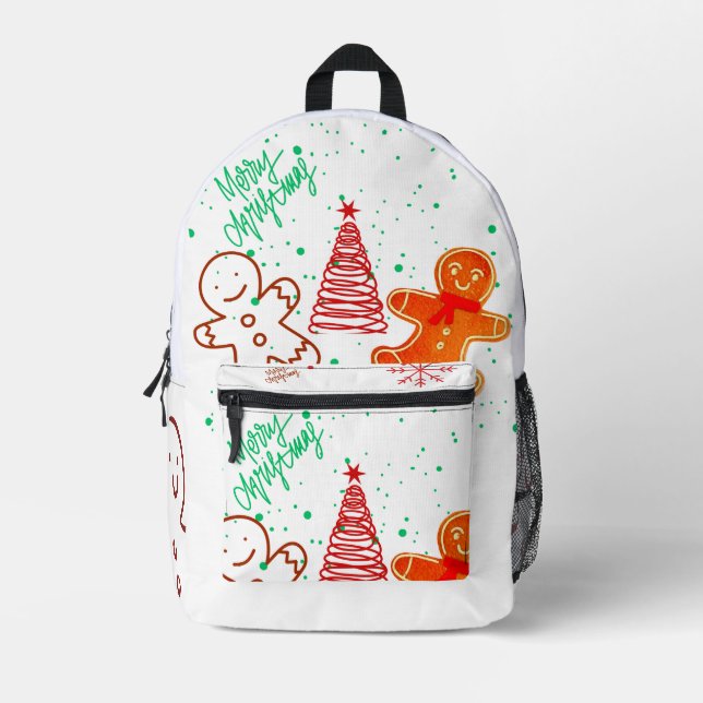 Cute Christmas Gingerbread Man and Tree Pattern.  Printed Backpack (Front)