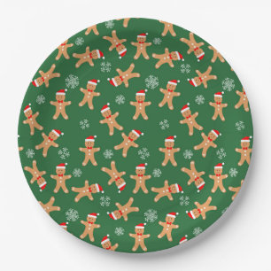 Cute Christmas Gingerbread Men on Green  Paper Plate