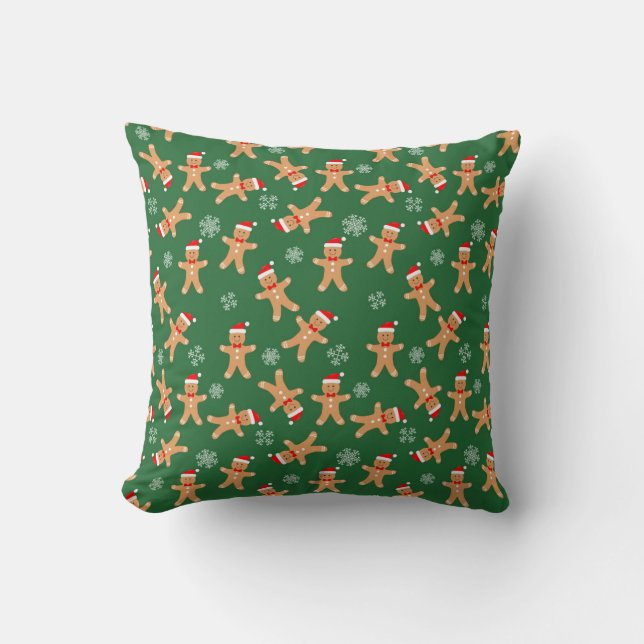 Cute Christmas Gingerbread Men on Green Throw Pillow (Front)