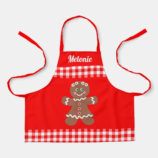 Cute Christmas Gingerbread Red Gingham Monogram Apron (Front)