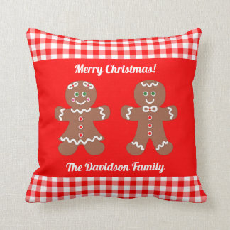 Cute Christmas Gingerbread Red Gingham Monogram Throw Pillow