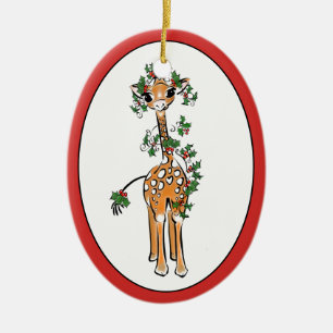 Cute Christmas giraffe drawing red green garland Ceramic Ornament