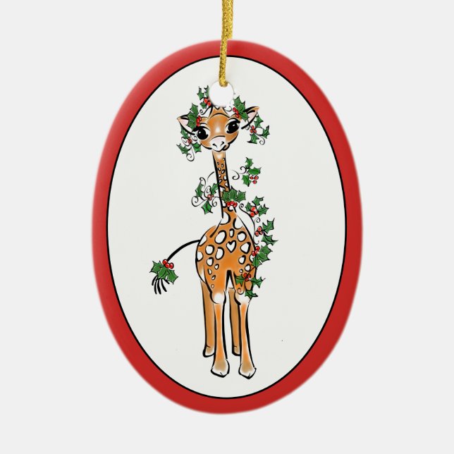 Cute Christmas giraffe drawing red green garland Ceramic Ornament (Front)