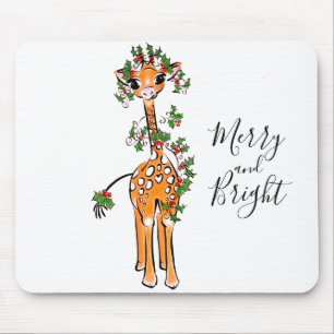 Cute Christmas giraffe drawing red green garland Mouse Pad