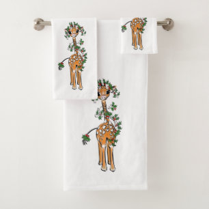 Cute Christmas Giraffe Holly Garland Bath Towel Set
