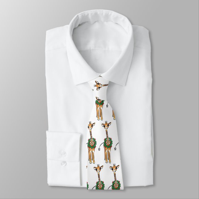 Cute Christmas Giraffe holly red green wreath Tie (Tied)