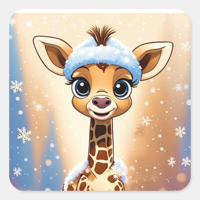 Cute Christmas Giraffe in Beanie Hat MY OWN ART  Square Sticker (Front)