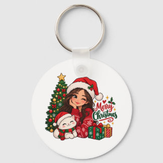 Cute Christmas Girl and Cat Cozy Holiday Keychain