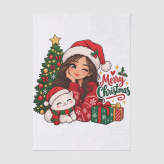 Cute Christmas Girl and Cat Cozy Holiday Tissue Paper