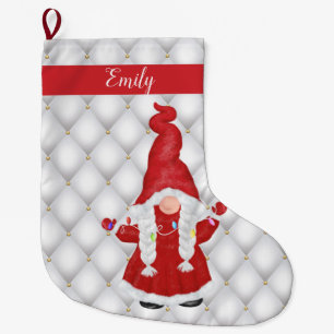 Cute Christmas Girl Gnome Personalized Large Christmas Stocking