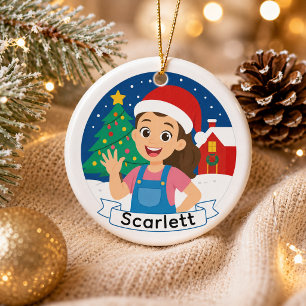 Cute Christmas Girl Personalized Holiday Joy Ceramic Ornament