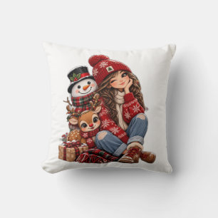 Cute Christmas Girl Snowman Reindeer Pillow