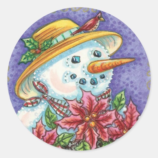 Cute Christmas Girl Snowman with Poinsettia Classic Round Sticker (Front)