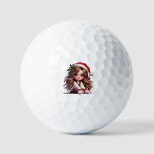 Cute Christmas Girl with Santa Hat Art Golf Balls