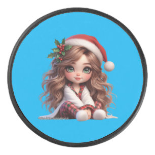 Cute Christmas Girl with Santa Hat Art Hockey Puck