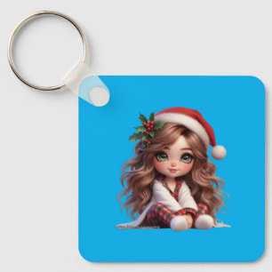 Cute Christmas Girl with Santa Hat Art Keychain
