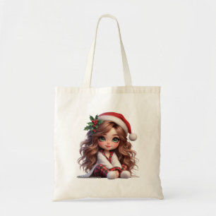 Cute Christmas Girl with Santa Hat Art Tote Bag