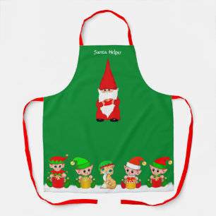 Cute Christmas Gnome and Elf Squad on Green Apron