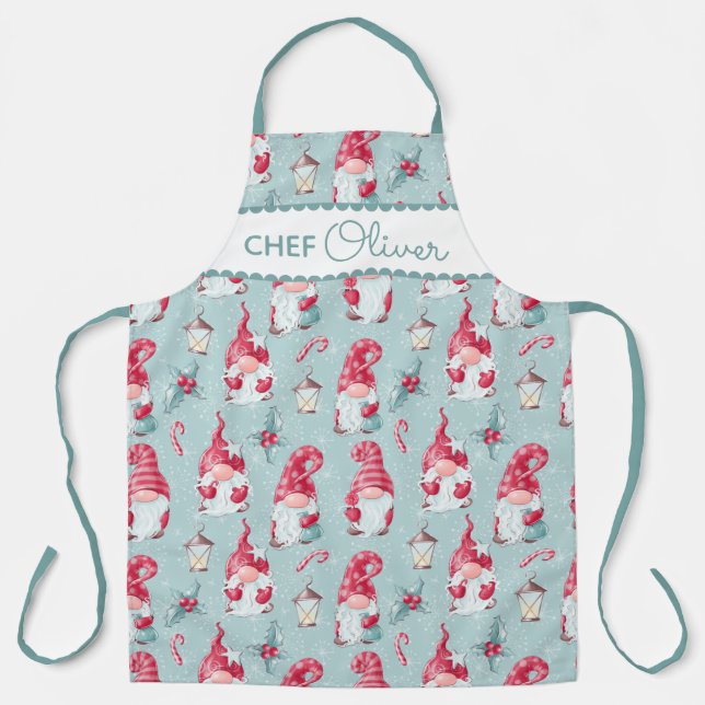 Cute Christmas Gnome Baking Chef Custom Name Apron (Front)