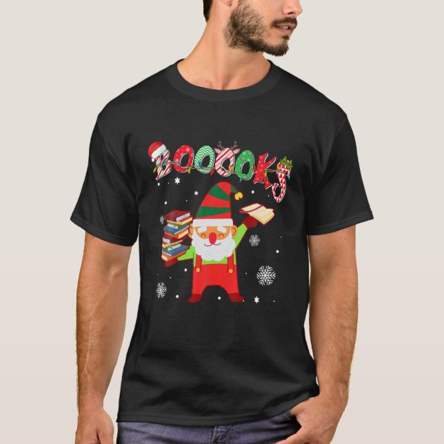 Cute Christmas Gnome Books Librarian Reader Readin T-Shirt (Front)