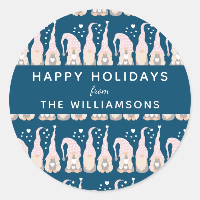 Cute Christmas Gnome Family Blue Personalized Classic Round Sticker (Front)