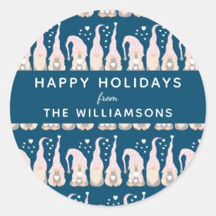 Cute Christmas Gnome Family Blue Personalized Classic Round Sticker