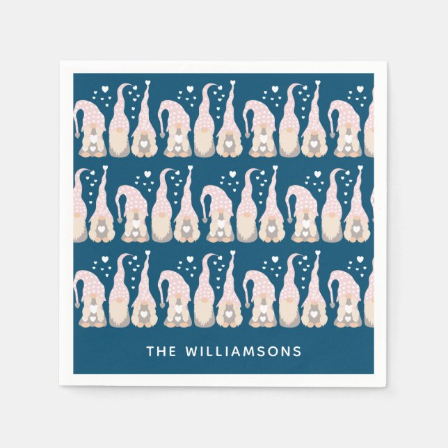 Cute Christmas Gnome Family Blue Personalized Napkin (Front)