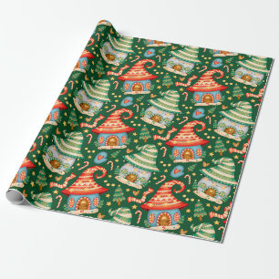 Cute Christmas Gnome Houses and Candy Canes Wrapping Paper