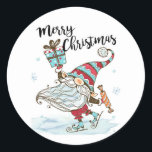 Cute Christmas Gnome Ice Skating Classic Round Sticker<br><div class="desc">Cute ice skating gnome holding a gift and candy.</div>