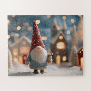 Cute Christmas Gnome in a Snowy Village Jigsaw Puzzle