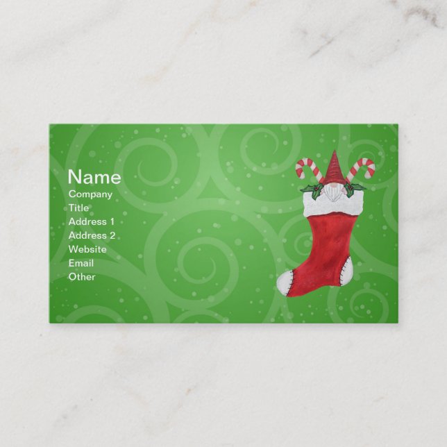 Cute Christmas Gnome in Stocking Candy Canes Green Business Card (Front)