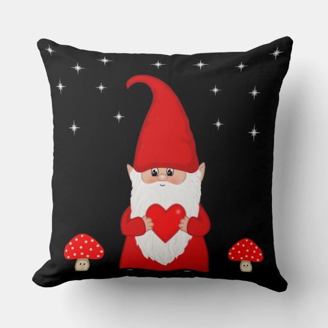 Cute Christmas Gnome on Black Throw Pillow (Front)