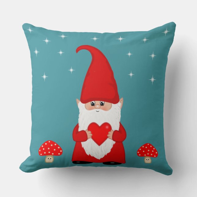 Cute Christmas Gnome on Teal Throw Pillow (Front)