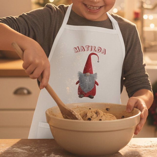 Cute Christmas Gnome Personalized Kids Apron (Get your little chef ready for holiday cookies with this adorable personalized gnome apron.)