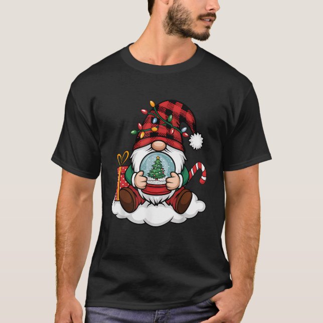Cute Christmas Gnome Plaid Hat Tree Light Snow Glo T-Shirt (Front)