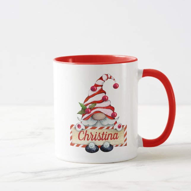 Cute Christmas Gnome Red Striped Hat Custom Name M Mug (Right)
