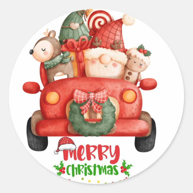 Cute Christmas Gnome Watercolor Clipart Classic Round Sticker (Front)