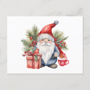 Cute Christmas Gnome Watercolor Holiday Postcard