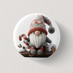 Cute Christmas Gnome with a Candy Cane on a Log 1 Inch Round Button