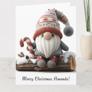 Cute Christmas Gnome with a Candy Cane on a Log Card