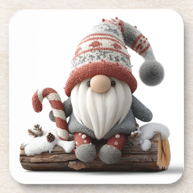 Cute Christmas Gnome with a Candy Cane on a Log Coaster (Front)